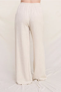Curvy Size Striped Linen Smock Waist Pants: Natural