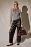 Striped Contrast Trim Henley Long Sleeve Top: BROWN-H GREY