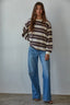 Knit Cotton Multi Striped Crew Neck Long Sleeve Top