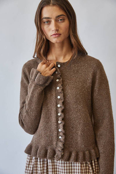 Ruffle Wave Button Knit Cardigan: CHOCO
