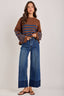 LOOSE FIT STRIPE FALL CREW NECK SWEATER TOP: BROWN/BLUE