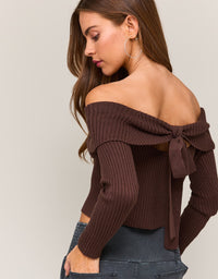 Off Shoulder Tie Back Ribbed Sweater
