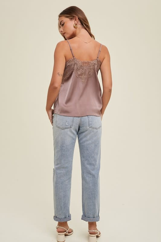 Satin Cami With Lace Trim Detail - Midnight
