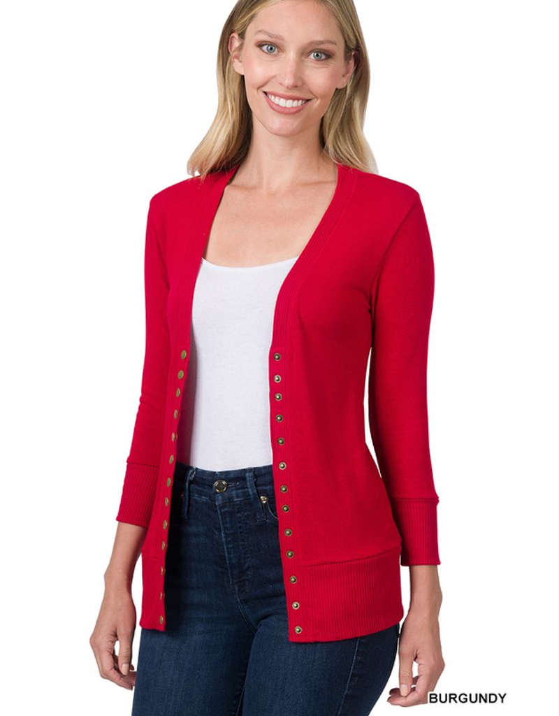 Snap Cardigan 3/4 Sleeve - Burgundy