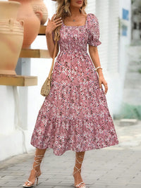 Floral Square Neck Short Sleeve Tiered Dress - Pink