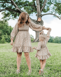 Caroline Long Sleeve Square Neck Dress - Light Khaki Floral