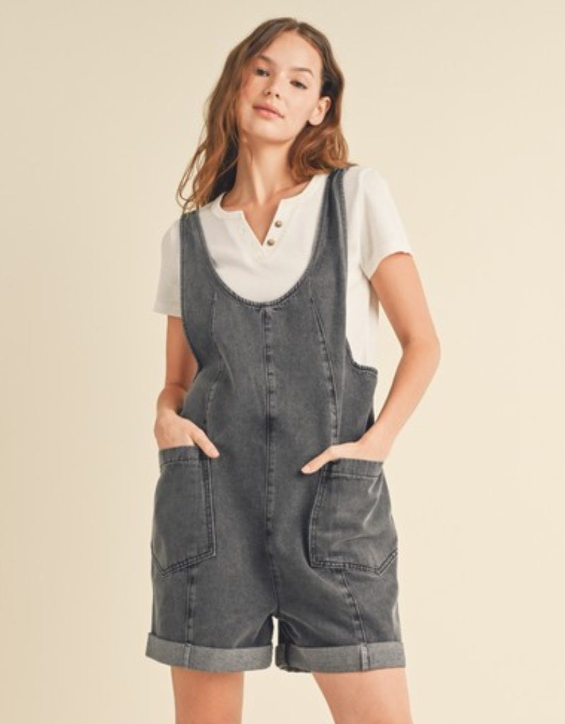 Cotton Denim Seam Detail Romper - Charcoal