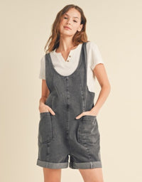 Cotton Denim Seam Detail Romper - Charcoal