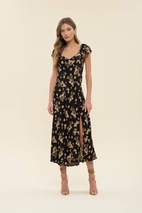 Floral V Neck Ruffle Sleeve Midi Dress - Black