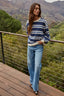 Knit Cotton Striped Crew Neck Long Sleeve Top: Navy