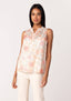 Sheer Floral Button Front Ruffle Neck Tank Top: Natural/Coral