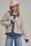 JACKET STYLE SWEATER CARDIGAN DENIM COLLAR: OATMEAL