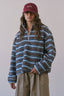 Cozy Stripe Sherpa Half Zip Pullover: BLUE/BROWN