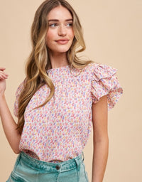Ditsy Flower Printed Pleats Blouse - Ivory Multi