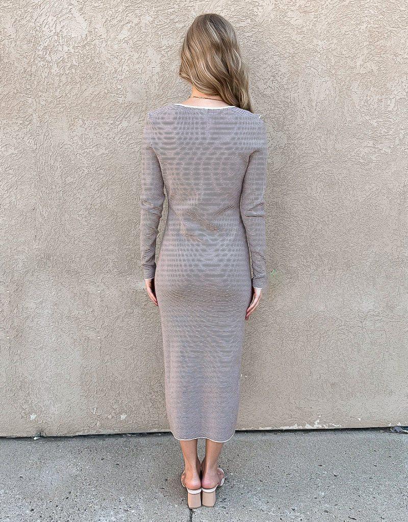 V-Neck Button Down Striped Midi Dress - Cocoa