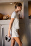 CREW NECK TOP AND HIGH WAIST FRONT SLIT BACK ELASTIC SKORT: ASH GREY