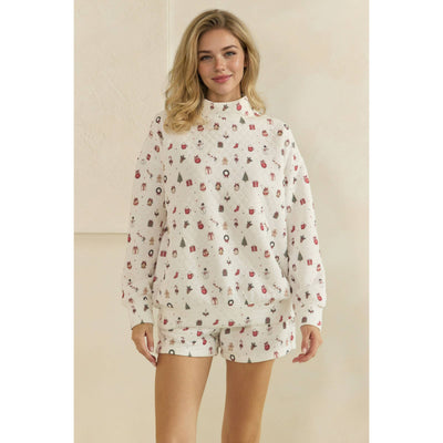 Cozy Holiday Print Lounge Sweatshirt: White Combo