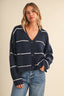 STRIPED BUTTON DOWN  KNIT CARDIGAN: NAVY