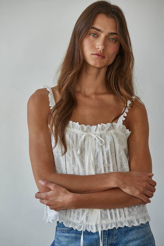 Woven Cotton Eyelet Button Down Square Neck Top: White