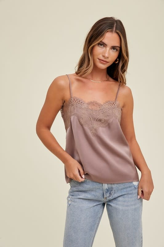 Satin Cami With Lace Trim Detail - Midnight