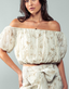 Elastic Off Shoulder Floral Crop Blouse - Taupe