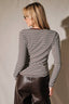 Striped Contrast Trim Henley Long Sleeve Top: BROWN-H GREY