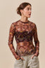 Stretch Floral Mesh Long Sleeve Inner Top: Brown