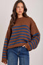 LOOSE FIT STRIPE FALL CREW NECK SWEATER TOP: BROWN/BLUE