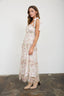 FLORAL CHIFFON TIE STRAP RUFFLED TIERED MIDI DRESS: OATMEAL MULTI