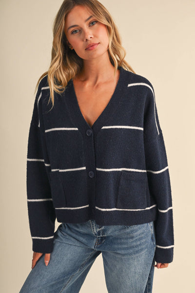 STRIPED BUTTON DOWN  KNIT CARDIGAN: NAVY