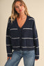 STRIPED BUTTON DOWN  KNIT CARDIGAN: NAVY