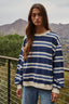 Knit Cotton Striped Crew Neck Long Sleeve Top: Navy