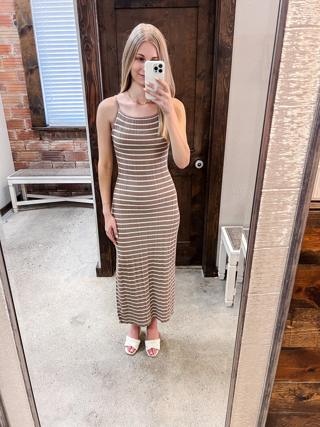 Ribbed Striped Midi Knit Dress - Mocha/Cream