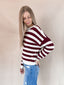 Stripe Crewneck Cable Knit Sweater - Oxblood