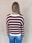 Stripe Crewneck Cable Knit Sweater - Oxblood
