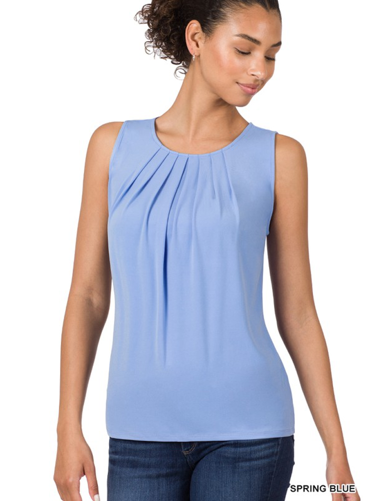 Ity Sleeveless Front Neck Pleat Top - Spring Blue