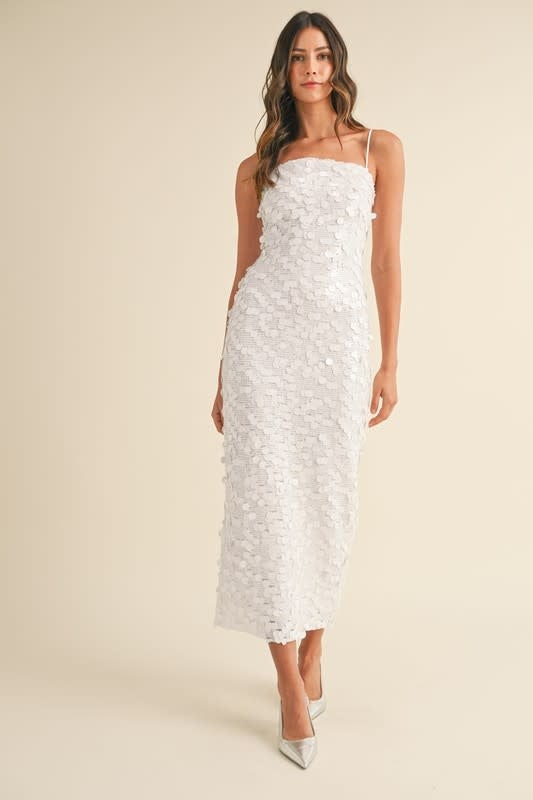 Mix Sequins Spaghetti Strap Back Slit Midi Dress - White