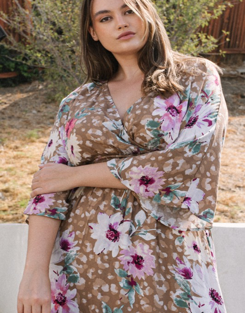 Leopard Floral Print Maxi Wrap Dress - Brown 1x Leopard Floral Print Maxi Wrap Dress - Brown 1x