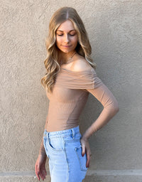 Off The Shoulder Mesh Bodysuit - Taupe