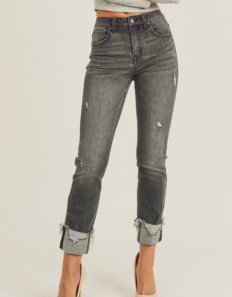 Mid Rise Frayed Cuff Ankle Straight Jeans