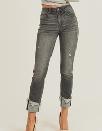 Mid Rise Frayed Cuff Ankle Straight Jeans