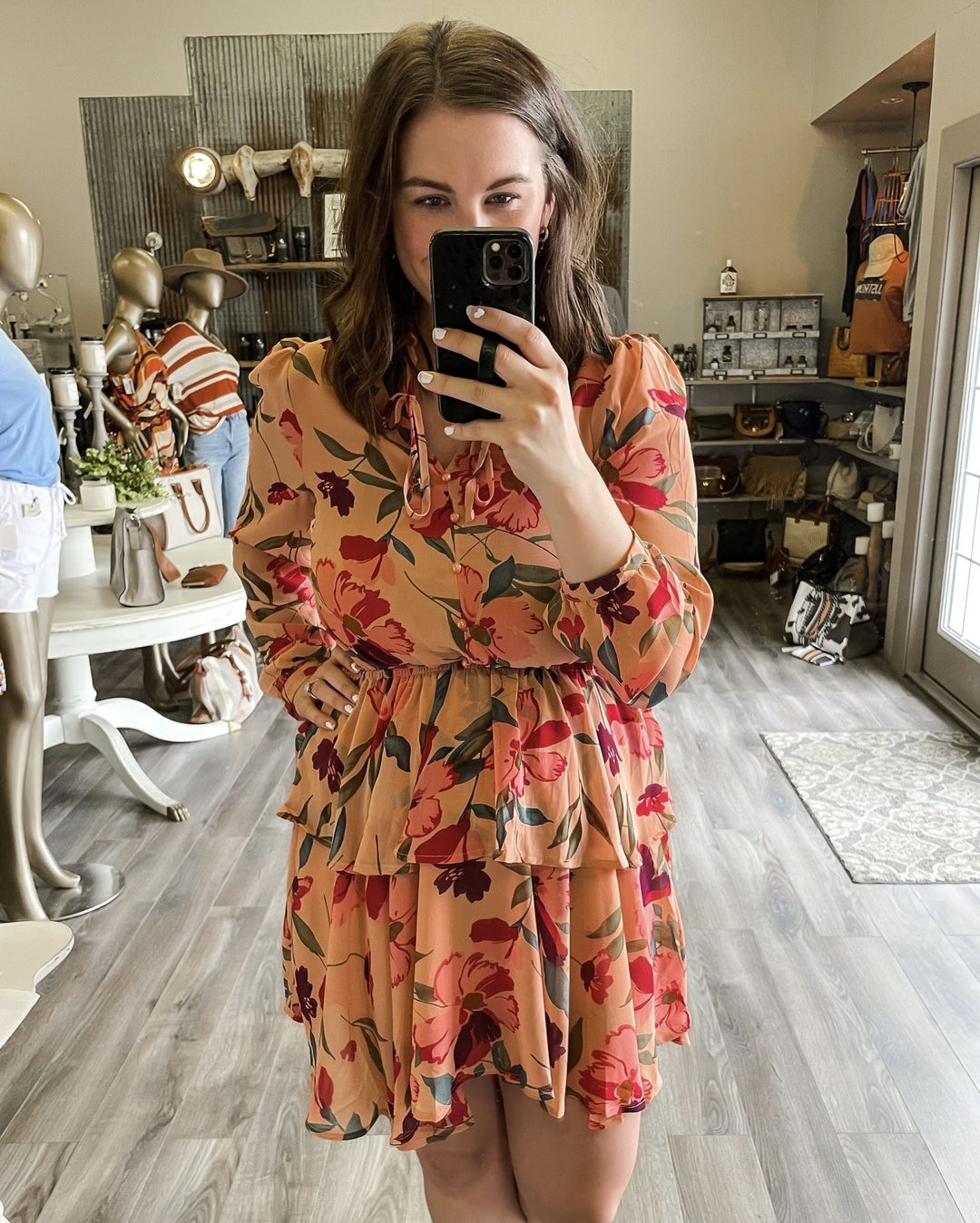 Frilled Collar Long Sleeve Floral Dress