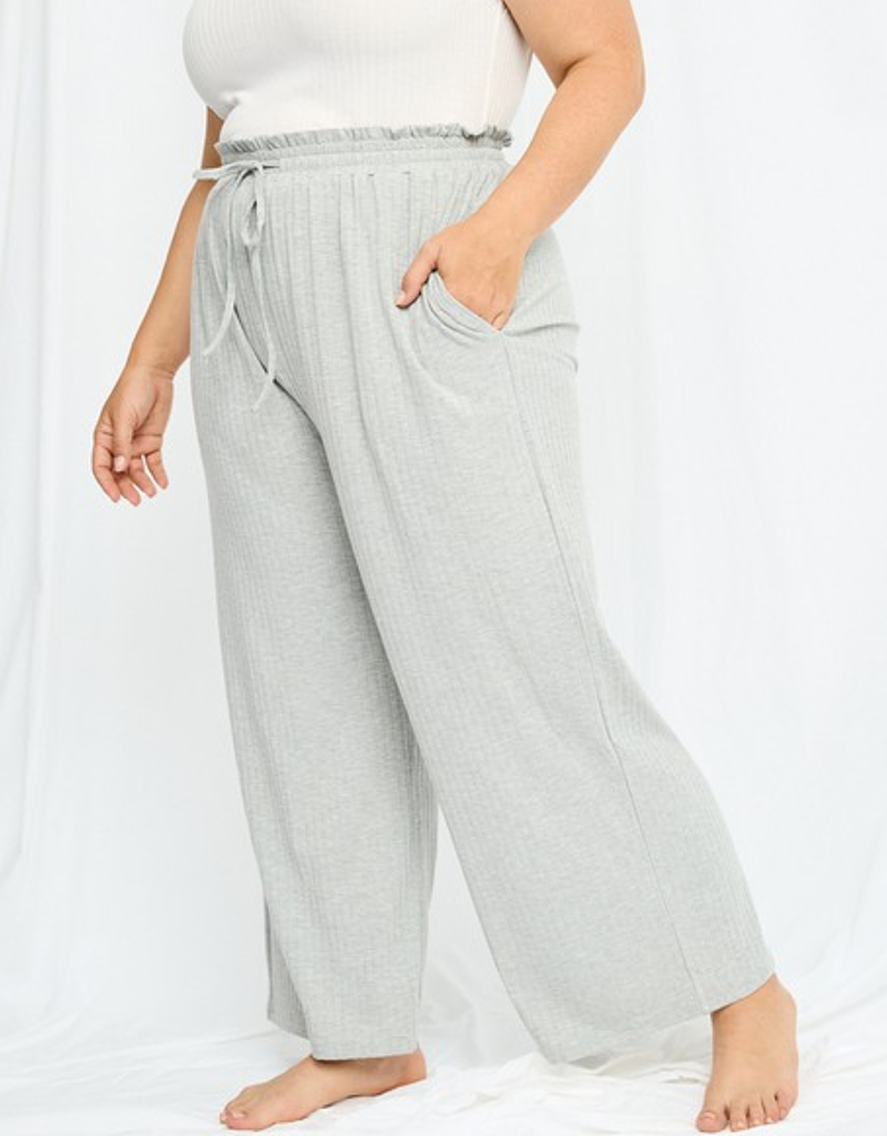 Ribbed Paperbag Wide Leg Pants - Grey