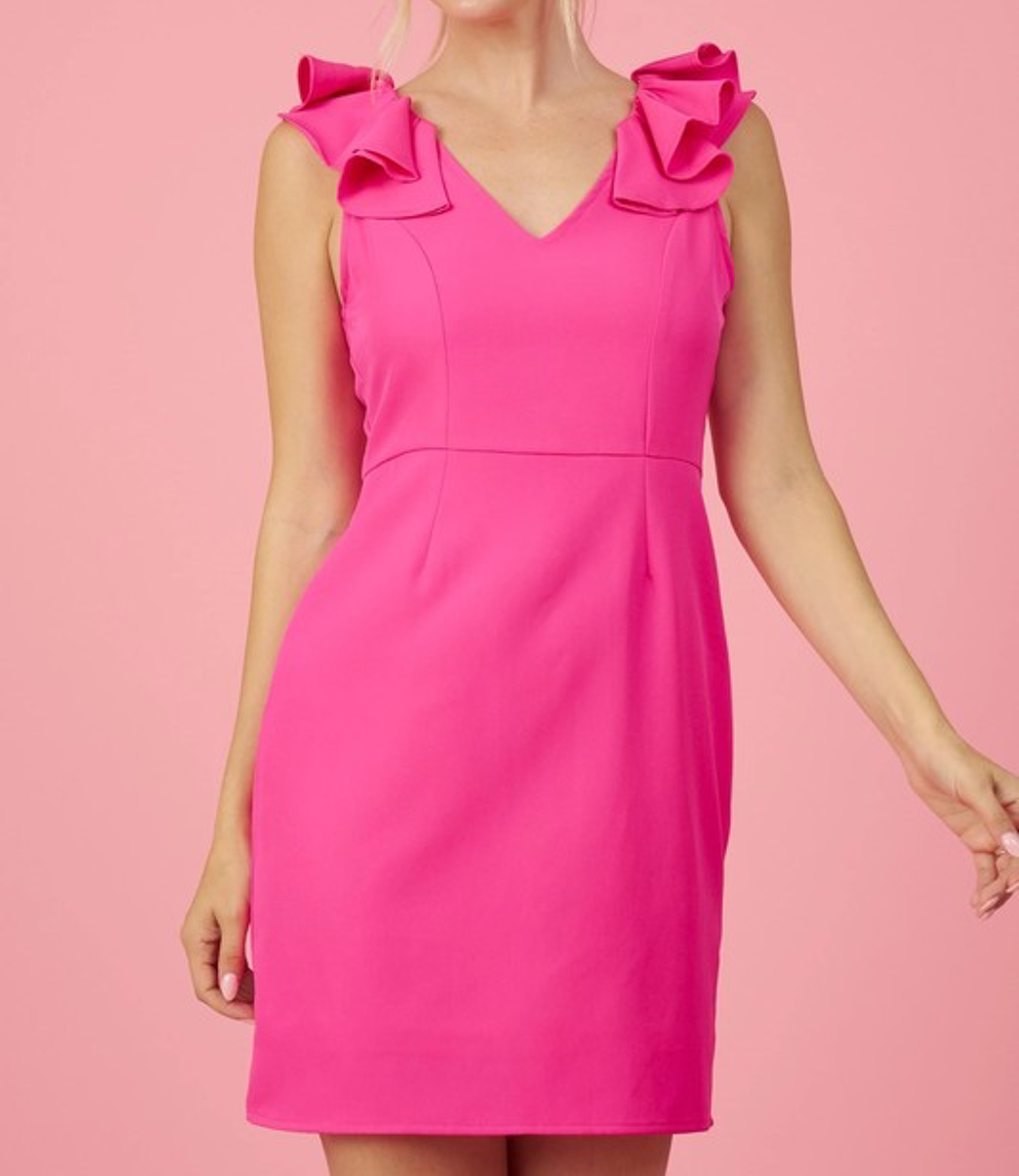 Ruffle V-Neck Dress - Pink