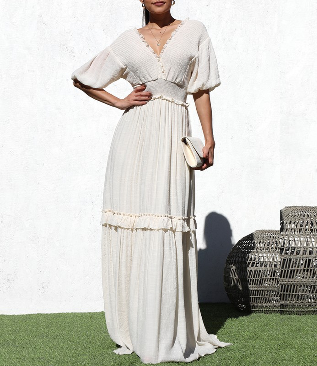 Smocked Woven Maxi Dress - Taupe