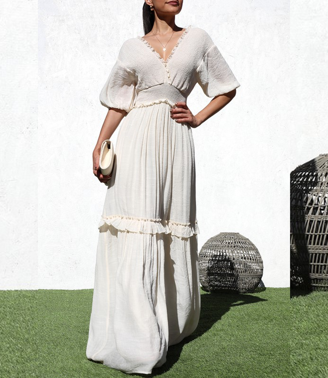 Smocked Woven Maxi Dress - Taupe