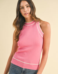 Striped Rib Halter Neck Sweater Top - Hot Pink