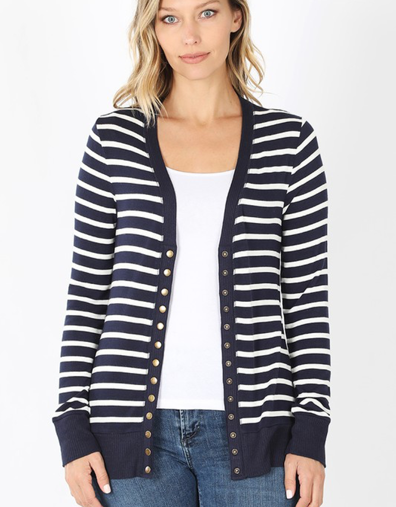 Striped Snap Cardigan Full Sleeve - Navy