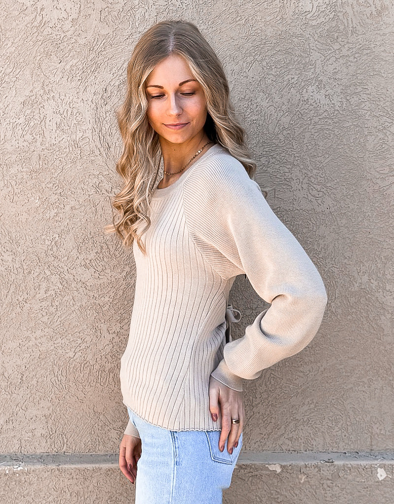 Long Sleeve Ribbed Open Back Sweater - Beige