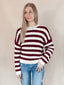 Stripe Crewneck Cable Knit Sweater - Oxblood